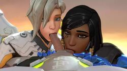 1boy 2girls 3d animated arhoangel ball_sucking balls black_hair blonde_hair blue_eyes brown_hair collaborative_fellatio erection fellatio female gency genji looking_at_viewer male mercy no_sound oral overwatch penis pharah phargency pharji pov source_filmmaker teamwork testicles threesome video