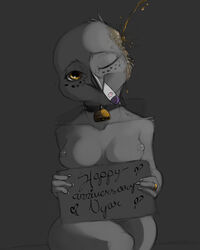 anniversary anthro areola avian beak bell bell_collar bird bondage breasts collar collarbone cowbell crossed_legs domination dripping english_text feathers female freckles front_view golden_shower grey_background head_tuft heart holding_object holding_sign implied_adultery implied_pregnancy inverted_nipples looking_at_viewer married naughty_face neck_tuft nipples non-mammal_breasts nude nyar object_in_mouth one_eye_closed owl peeing portrait pregnancy_test restricted_palette ring shoulder_tuft sign simple_background sitting smile snowy_owl solo spotted_feathers submissive talons text three-quarter_portrait tuft unseen_character urine watersports wedding_ring white_feathers wide_hips wink yellow_eyes