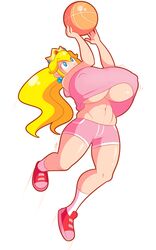 basketball blonde_hair blue_eyes breasts female hyper hyper_breasts jumping mario_(series) mario_hoops_3_on_3 nintendo princess_peach shoes solo theycallhimcake underboob