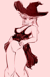 bare_shoulders blush breasts earrings hat jewelry long_hair monochrome no_panties noise_(artist) original pink_background pussy sketch skirt skirt_lift smile thighs witch_hat