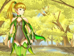 1girls archer archer_(dragon_nest) bow_(weapon) dragon_nest dress elf elf_female female female_only forest gold_hair green_eyes leotard liya_(dragon_nest) nature outdoors plant pussy quiver see-through see-through_clothing sky solo tagme vagina whitecube