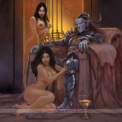 1boy 2girls chains frans_mensink nude slaves straight_hair throne