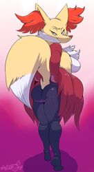 1girls ass black_fur breasts canine delphox dress dress_lift eyelashes feet female fox furry large_breasts looking_at_viewer looking_back no_panties orange_fur pokemon presenting purple_background red_eyes revealing shadow smile smilebomb soles solo standing tail text white_fur yellow_fur