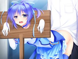 aono_riri aono_riri_(signal_blue) bent_over blue_eyes blue_hair blue_ribbon blush bondage clothed_sex cum cum_on_lower_body elbow_gloves female game_cg gloves hair_ribbon heat_soft komoda open_mouth oshiego_wa_mahou_shoujo pillory ponytail rape ribbon sex short_sleeves skirt solo_focus stocks thighhighs tied_hair tongue white_gloves