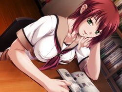 collarbone female game_cg green_eyes guilty kuraki_hiro looking_at_viewer miyauchi_akira open_mouth otome_juurin_yuugi red_hair serafuku short_hair short_sleeves sitting skirt solo tongue