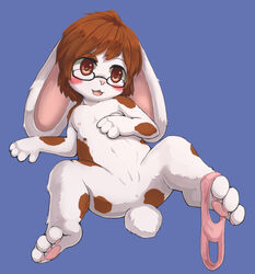 1girls anus ass belly blue_background blush brown_eyes brown_hair brown_spots clothing eyewear feet female flat_chest fur furry glasses hair lagomorph lying mammal navel nipples nude on_back open_mouth panties paws pussy rabbit short_hair simple_background small_breasts smile solo spots spotted_fur spread_legs spreading tail toes tongue underwear white_fur yojoo