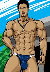 1boy abs bara bulge coach crotch facial_hair male male_only muscle outdoors pecs reito_raichi solo speedo swimwear teacher topless whistle whistle_around_neck