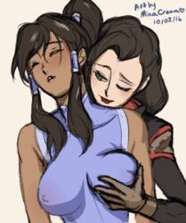 2016 2girls ;) animated artist_name asami_sato avatar_legends bare_shoulders black_hair breast_fondling breast_grab breast_squeeze breasts canon_couple clothing dark-skinned_female dark_skin dated erect_nipples erect_nipples_under_clothes female grabbing grabbing_from_behind green_eyes interracial korra large_breasts lips lipstick long_hair looking_at_another makeup minacream multiple_girls naughty_face navel nickelodeon nonbender nude one_eye_closed parted_lips ponytail red_lipstick sleeveless sleeveless_turtleneck smile smooth_skin the_avatar the_legend_of_korra tied_hair turtleneck upper_body water_tribe white_background yuri