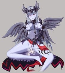 after_sex barefoot black_wings blue_skin blush breasts chains cross cum cum_in_pussy cumdrip dark_valkyrie_(monster_girl_encyclopedia) feathered_wings feathers female gauntlets grey_background hair_feathers highres jewelry large_breasts loincloth long_hair minase_(takaoka_nanase) monster_girl monster_girl_encyclopedia multi_wing necklace nipples pointy_ears purple_eyes pussy silver_hair simple_background smile solo spread_legs sweat takaoka_nanase tattoo tiara uncensored wings