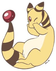 1girls ampharos belly claws closed_eyes feet female feral furry laugh maim nintendo nude pokemon pokemon_(species) pussy simple_background smile solo tail text video_games white_background yellow_fur