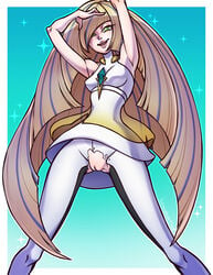 1girls aether_foundation armpits arms_up bare_shoulders bebecake blonde_hair blue_background breasts clothed dress eyelashes female female_only hair_over_one_eye half-closed_eyes human long_hair looking_at_viewer lusamine_(pokemon) open_mouth pokemon pokemon_sm pussy shiny smile solo standing text torn_clothing very_long_hair white_border