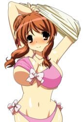 arms_up asahina_mikuru auburn_hair beauty_mark bikini blush bow breasts brown_eyes brown_hair cleavage curvy large_breasts long_hair mole navel shirt smile star_mole suzumiya_haruhi_no_yuuutsu swimsuit undressing white_background wide_hips