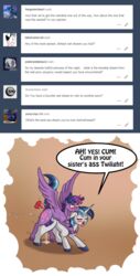 alicorn alorix anal animal_genitalia blush cum cum_inside dusk_shine_(mlp) ejaculation equine friendship_is_magic gleaming_shield_(mlp) horn horse incest mammal my_little_pony orgasm pony pussy_ejaculation pussy_juice rule_63 shining_armor_(mlp) twilight_sparkle_(mlp) wings