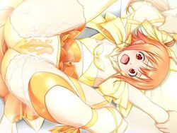 after_sex ail_soft andou_mio arms_up blush cameltoe crop_top cum cum_in_pussy cum_on_clothes cum_on_lower_body female game_cg hair_ornament hairbow humiliation kyouhaku_3 legs_up magical_girl midriff open_mouth orange_eyes orange_hair panties pleated_skirt ponytail restrained ribahara_aki skirt small_breasts solo spread_legs tied_hair tongue yellow_bow yellow_panties