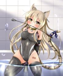 animal_ears bare_shoulders black_legwear black_swimsuit black_thighhighs blonde_hair cat_ears cat_girl cat_tail collar collarbone covered_navel erect_nipples female female hotel01 kneeling lock long_hair mouth_hold one-piece_swimsuit original solo swimsuit tail thighhighs water wet yellow_eyes