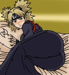 1girls ass bed big_ass blonde_hair blue_eyes blush breasts dat_ass female female_only fingers japanese_clothes large_breasts looking_away naruto omarsin on_bed smile solo temari tied_hair twintails