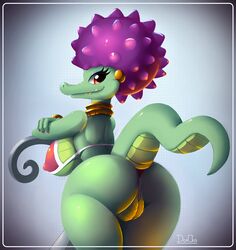 2016 afro anthro ass breasts don_ko donkey_kong_(series) eyelashes female hair hi_res kalypso kremling looking_at_viewer nintendo nipple_bulge purple_hair pussy scalie sideboob smile solo video_games