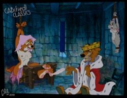 anthro bondage bound breasts c.a.b canine disney dungeon feline female foot_fetish foot_focus fox king lagomorph maid_marian male mammal nipples prince_john rabbit robin_hood_(disney) royalty sis_(robin_hood) stocks suspension tickling torture