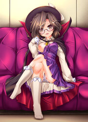 :d akatsuki_shimeji black_cape black_hat blush bow breasts brown_eyes brown_hair cape clothes_lift couch crossed_legs cum cum_on_body cum_on_hair cum_on_lower_body cum_on_upper_body dress dress_shirt facial female full_body glasses gloves hat hat_bow head_tilt lifted_by_self long_sleeves looking_at_viewer medium_breasts nipples one_breast_out open_mouth panties pantyshot pantyshot_(sitting) plaid plaid_dress puffy_long_sleeves puffy_sleeves red-framed_eyewear semi-rimless_glasses shirt short_hair sitting smile socks solo sumireko_usami touhou under-rim_glasses underwear white_bow white_gloves white_legwear white_panties white_shirt