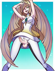 1futa aether_foundation armpits arms_up balls balls_under_clothes bare_shoulders bebecake blonde_hair blue_background bottomless_skirt breasts clothed crotchless dress erection erection_under_clothes erection_under_skirt eyelashes futa_only futa_sans_pussy futanari hair_over_one_eye half-closed_eyes human intersex long_hair looking_at_viewer lost_clothes lusamine_(pokemon) medium_breasts open_mouth penis penis_out penis_under_clothes penis_under_skirt pokemon pokemon_sm shiny skirt smile solo standing testicles text torn_clothing veins veiny_penis very_long_hair white_border