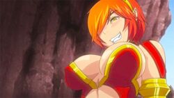 1girls animated animated_gif armor bare_shoulders blush bouncing_breasts breasts clenched_teeth erect_nipples evil_smile female female_only goku_(secret_journey) hair_over_eyes hair_over_one_eye large_breasts looking_at_viewer nipples orange_hair pointy_ears queen_bee_(animation_studio) red_hair rock screencap screenshot secret_journey sharp_teeth shiny shiny_skin short_hair smile teeth upper_body yellow_eyes