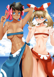 2girls abs armpits bandeau beach black_hair blue_eyes breasts brown_hair censored chocolate_and_vanilla cleavage dark-skinned_female dark_skin elite_four female female_abs human human_only innie_pussy janong looking_at_viewer may_(pokemon) may_(pokemon_oras) mosaic_censoring multiple_girls navel no_panties phoebe_(pokemon) pokemon pokemon_oras pubic_hair pussy sarong skindentation small_breasts stomach toned v