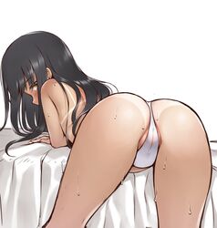 ass bed_sheet bent_over bikini black_hair blush cameltoe covered_clitoris female highres long_hair looking_at_viewer looking_back ren_san simple_background solo swimsuit tan tanline topless white_background white_bikini yellow_eyes