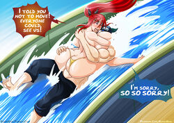 1boy 1girls ass big_ass big_breasts big_penis bikini_bottom blush breasts curvy duo embarrassed english_text erza_scarlet fairy_tail female huge_ass huge_breasts human humor jellal_fernandes kogeikun light-skinned_female light-skinned_male light_skin long_hair male pale-skinned_female penis ponytail public_sex red_hair sex speech_bubble swimsuit swimsuit_aside text topless vaginal vaginal_penetration vaginal_sex water water_park water_slide wet