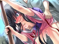 1boy black_hair blush breast_grab breasts censored constricted_pupils drooling female female game_cg green_hair heavenstar_(studio) komechu kurokami_ronke long_hair nadeshiko!!~haioku_ni_sumu_inran_yamato_nadeshiko_to_asa_kara_ban_made_nadenade_shikoshiko~ nipples open_mouth penis pussy_juice saliva sex solo_focus spread_legs tears very_long_hair