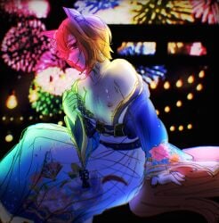 artist_signature breasts breasts_focus breasts_out female flat_chest flat_chested hair_ornament hopecest horse_ears horse_girl horse_tail kimono kimono_pull light-skinned_female light_skin looking_at_viewer orange_hair pinup public_exposure public_nudity purple_eyes self_upload small_breasts solo t.m._opera_o_(umamusume) tagme umamusume umamusume_pretty_derby