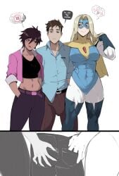1boy 2d 2girls abs blonde_blazer bulge dark-skinned_female dialogue dispatch_(game) edit english_dialogue english_text female female_abs hand_holding hand_in_pocket hand_on_ass handholding hands_on_ass horny_female horny_thoughts hr_violation invisigal lewd_thoughts light-skinned_female male masoq095 robert_robertson speech_bubble superhero_costume superheroine text touching_ass