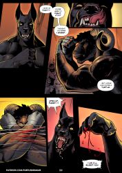 2023 anthro bared_teeth better_version_at_paywall big_muscles black_body blocking blood blood_on_hand bodily_fluids bovid brown_body canid canine caprine claw_fingers claws colored colored_blood comic detailed dialogue duo english_text fighting_ring licking male mammal muscular muscular_anthro muscular_male muscular_prey purplebirdman roshim_(purplebirdman) saliva saliva_string shaded sharp_teeth sheep solo speech_bubble teeth text tongue tongue_out trash_talking unusual_blood unusual_bodily_fluids url wrapped_arms wraps yellow_eyes