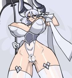 1girls :) :3 areolae armored_dress axe big_breasts closed_mouth clothing_malfunction corset curvy demon demon_girl demon_horns duel_monster female female_only fringe gloves hi_res huge_breasts labrynth_of_the_silver_castle large_breasts legwear light_skin looking_at_viewer looking_down lovely_labrynth_of_the_silver_castle low-angle_view malfunction navel necktie nipples one_arm_up one_hand_up peace_sign pussy silver_eyes silver_hair smile solo thighs touijou777 twin_drills voluptuous vulva weapon white_hair wide_hips younger_female yu-gi-oh!