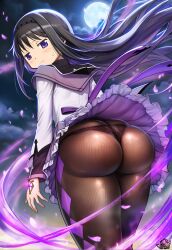 ai_generated akemi_homura artist_logo ass ass_focus big_ass big_butt black_hair bubble_ass bubble_butt butt_focus female from_behind hi_res huge_ass long_hair looking_at_viewer looking_back looking_back_at_viewer madoka_worship magic_user magical_girl magical_girl_outfit mahou_shoujo_madoka_magica microskirt miniskirt moon night night_sky panties panties_under_pantyhose pantyhose puella_magi_madoka_magica purple_eyes ribbon round_ass round_butt soul_gem straight_hair thick_ass thick_thighs thong upskirt wind wind_lift