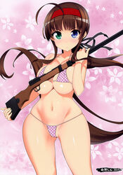 >:| ahoge angry artist_name bikini blue_eyes blush breast_press breasts brown_hair cameltoe cleavage closed_mouth cowboy_shot female floating_hair floral_background flower green_eyes groin gun hair_ribbon hairband heterochromia hips holding holding_gun holding_weapon large_breasts long_hair looking_at_viewer micro_bikini navel nora_shinji outline partially_visible_vulva pink_bikini plaid polka_dot polka_dot_bikini purple_background purple_bikini ribbon rifle ryoubi_(senran_kagura) senran_kagura senran_kagura_(series) senran_kagura_shinovi_versus shiny shiny_skin sideboob sidelocks skindentation solo standing string_bikini swimsuit underboob very_long_hair weapon wide_hips