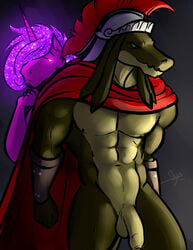 anthro armor bangaa bgn biceps cloak clothing duo equine facial_hair final_fantasy final_fantasy_xii flaccid glowing_hair guard hair helmet horn looking_at_viewer male male_only mammal muscular penis slit_visor square_enix uncut unicorn video_games warrior