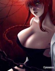 1girls 2d 2d_(artwork) 2d_artwork adult adult_female areola_slip areolae areolae_slip big_breasts black_clothes black_dress black_outfit black_topwear braid braided_hair braided_ponytail breasts busty busty_female busty_girl chains chainsaw_man cleavage clothes collarbone control_devil cyansanu digital digital_art digital_drawing digital_drawing_(artwork) digital_media digital_media_(artwork) dress female female_focus female_only hair_between_eyes head_tilt high_resolution highres large_boobs large_breasts lean_figure lips lipstick long_hair looking_at_viewer makima_(chainsaw_man) mature mature_female narrow_waist nipple_bulge ominous outfit ponytail red-haired_female red_background red_hair red_lips red_lipstick ring_eyes ringed_eyes shoulders sidelocks simple_background slender_body slender_waist slim_waist solo source_request tilted_head topwear upper_body yellow-eyed_female yellow_eyes