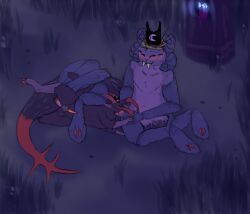 6_legs anal anal_sex anthro arachnid arthropod balls bandage blush bodily_fluids bovid caprine claws cult_of_the_lamb duo erection fangs fur genital_fluids genitals goat goat_(cult_of_the_lamb) hair hair_over_eyes hand_holding hi_res hooves horn leaking_precum male mammal markings massive_monster_(studio) nonbinary_(lore) penetration penis precum purple_body purple_crown_(cult_of_the_lamb) purple_fur red_markings shamura_(cult_of_the_lamb) sickle_claw simple_background size_difference spider taur teeth toe_claws welcometaco