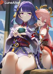 2girls ai_generated big_breasts big_butt big_thighs day drinking female female_focus female_only genshin_impact happy hoyoverse long_hair lunealter mature_female pale-skinned_female pale_skin pink_hair purple_eyes raiden_shogun serious_face sfw sfw_version smile thick_hips thick_legs thick_thighs yae_miko