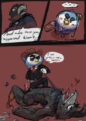 after_sex anthro_only bigger_sub brawl_stars comic crow_(brawl_stars) dog_leash english_dialogue furry mr._p_(brawl_stars) pleasure_face size_difference smaller_dominant supercell tagme