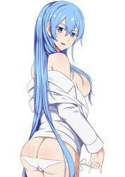 1girls 2016 2d adult_female akame_ga_kill! ass ass_cleavage ass_focus back_view bare_shoulders big_breasts blue_eyes blue_hair blush breasts butt_crack cameltoe esdeath_(akame_ga_kill!) fedsnk female female_only from_behind hair_censor human human_female human_only large_breasts light-skinned_female light_skin long_hair looking_at_viewer looking_back matching_hair/eyes no_hat no_headwear no_pants no_sex open_mouth pale-skinned_female pale_skin panties panty_pull partially_clothed presenting presenting_ass pulling_panties realistic_breast_size realistic_proportions shirt side-tie_panties sideboob simple_background solo solo_female string_panties underwear undressing very_long_hair villainess white_background white_panties young_woman