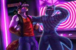 anthro bottomwear bulge canid canine canis cel_shading cjmpinger clothed clothing computer controller detailed detailed_background digital_media_(artwork) domestic_dog duo electronics erection fur glitch hair headgear headphones headset hi_res howlfeiwolf hypnosis hypnotic_eyes hypnovember hypnovember2025 jacket latex latex_clothing latex_skinsuit male male/male mammal mind_control pants poster shaded shirt skinsuit slime spiral spiral_eyes tail text tight_clothing topwear unknown_species