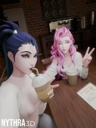 2girls 3d blue_eyes blue_hair cafe coffee coffee_shop drinking drinking_coffee drinking_from_straw ear_piercing earrings espresso_machine indoors kai'sa league_of_legends looking_at_viewer nythra3d pale-skinned_female pale_skin peace_sign pink_hair ponytail riot_games seraphine_(league_of_legends) smile straw_in_mouth watermark