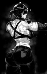 ass back_view black_hair bra breasts female fit_female grace_howard greyscale hair jeans masoq095 question_mark sports_bra sweat sweatdrop sweating zenless_zone_zero