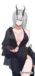 1girls 2d 2d_(artwork) 2d_artwork adult adult_female black_clothes black_dress black_horn black_horns black_outfit black_topwear blank_expression blank_eyes blank_stare bored bored_expression breasts busty busty_female busty_girl character_request cleavage clothes collarbone curvaceous curvaceous_body curvaceous_female curvaceous_figure curvaceous_hips curvy curvy_body curvy_female curvy_figure curvy_hips digital digital_art digital_drawing digital_drawing_(artwork) digital_media digital_media_(artwork) dress emotionless female female_focus female_only fingers grey-haired_female grey_eyebrows grey_hair hair_between_eyes half-closed_eyes head_tilt high_resolution highres horn horns hourglass_figure large_breasts latinkamilo lean_figure long_hair looking_at_viewer mature mature_female narrow_waist neutral_expression outfit shoulders simple_background slender_body slender_waist slim_waist solo standing tbate the_beginning_after_the_end thick_thighs thighs tilted_head topwear upper_body white_background wide_hips
