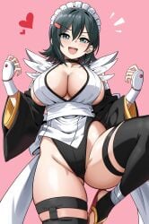 1girls big_breasts black_hair black_panties black_thighhighs black_underwear breasts exposed_breasts female iroha_(samurai_spirits) maid panties samurai_shodown scrapy short_hair snk thighhighs underwear upskirt