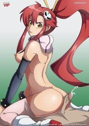 1boy 1girls boots breasts buttjob chopsticks cum female looking_at_viewer looking_back palcomix penis red_hair reverse_cowgirl_position riding skull_ornament tengen_toppa_gurren_lagann thigh_highs tongue_out yoko_littner