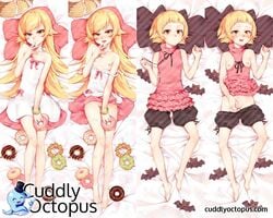 bare_shoulders barefoot blonde_hair blush_stickers breasts cuddly_octopus cute_fang dakimakura doughnut dress dress_lift food hat kizumonogatari kyuri_(405966795) long_hair lying monogatari_(series) nipples no_panties on_back open_mouth oshino_shinobu pointy_ears pussy short_hair small_breasts yellow_eyes