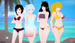 4girls arrancon bikini bikini_bottom bikini_top black_hair black_hair_female blake_belladonna blonde_female blonde_hair blue_eyes cat_ears different_breast_sizes half-dressed half_naked half_naked_female long_hair long_hair_female one_piece_swimsuit purple_eyes ruby_rose rwby silver_eyes tropical weiss_schnee white_hair white_hair_female yang_xiao_long yellow_eyes