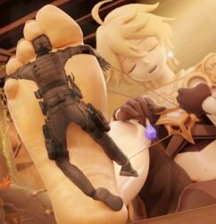2boys 3d 3d_(artwork) aether_(genshin_impact) barefoot blonde_hair bondage bound closed_eyes earrings feet feet_up foot_fetish gay genshin_impact giant giant_male kibooochi larger_male macro male micro midriff pretty_boy smile smug soldier taunting tied tied_hands tied_up twink